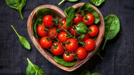 Cherry tomatoes and spinach in a heart shaped bowl on a dark tablecloth top view