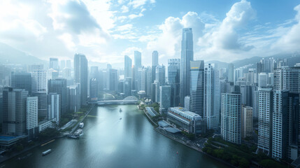 A modern cityscape with skyscrapers and a river running through the middle.