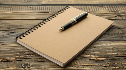 Home office setup with notebook on coil pen clip on striped paper and wooden background Ample space for writing