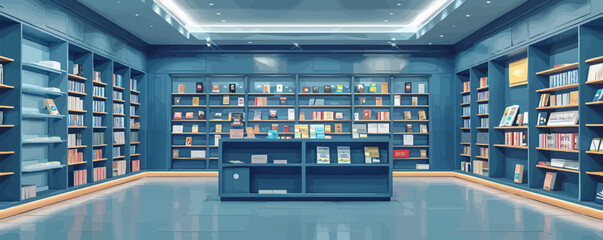 Modern bookstore interior with shelves and reading areas Vector flat minimalistic isolated illustration