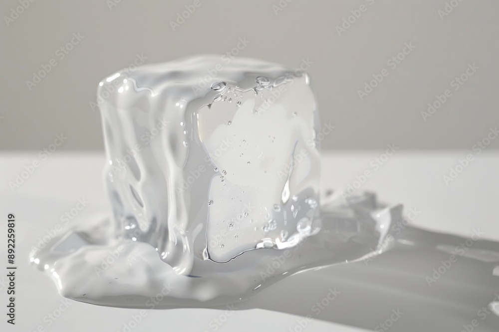 Poster a close-up shot of a piece of ice slowly melting on a spoon, highlighting the texture and color of t