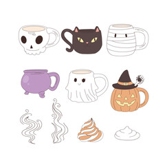 Spooky mug vector clip-art set isolated on white. Halloween cup illustration 