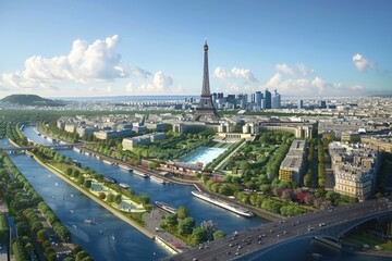 Panoramic view of Eiffel Tower from its upper level, showcasing Parisian cityscape below