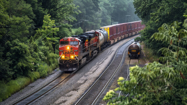 A train is traveling down the tracks with a red engine