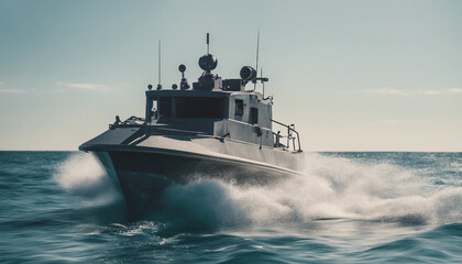 A fast attack boat slicing through calm waters on a clear summer day, with a bright blue sky and sun
