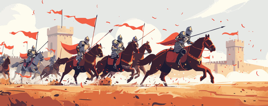 Medieval jousting tournament with knights in full armor. Vector flat minimalistic isolated illustration.