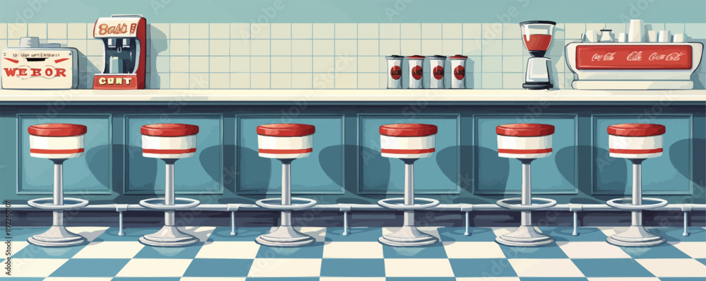 Poster retro diner counter with swivel stools vector flat minimalistic isolated illustration