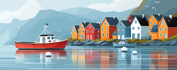 A tranquil seaside village with colorful houses and fishing boats. Vector flat minimalistic isolated illustration.