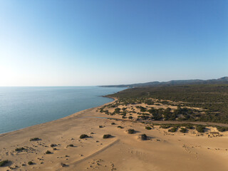 Piscinas beach at sunset, aerial view, Green Coast, Sardinia, Italy