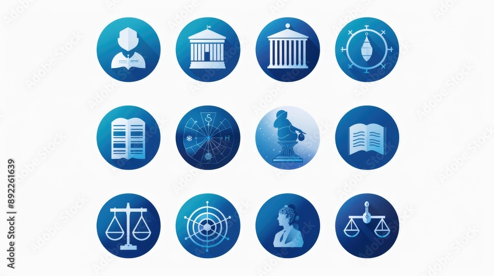 Poster set of blue and white icons on a white background, ideal for use in digital design projects