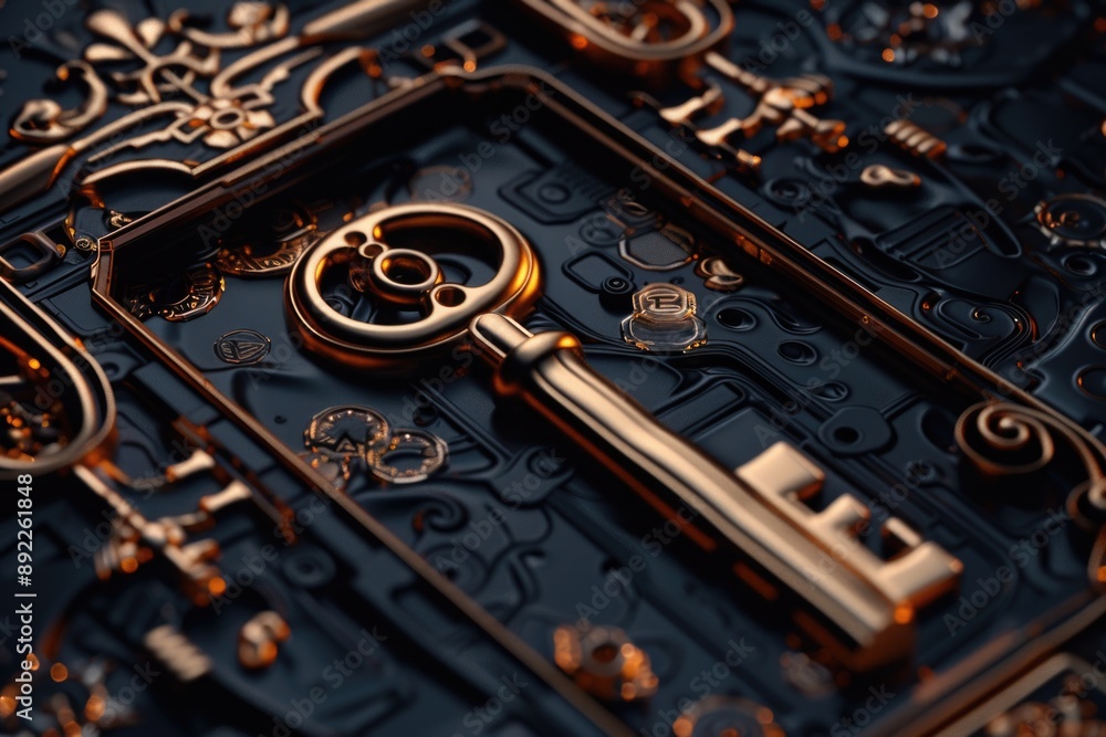 Poster a single golden key sits atop a dark or black surface, ready for use