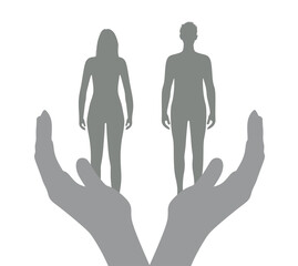Hand hold man and woman silhouette. vector