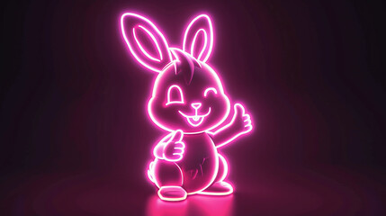 A neon outline of a bunny giving a thumbs up on a dark background, conveying a positive and energetic vibe. Suitable for night or party themes with copy space.