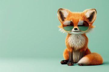 A cute fox wearing large round sunglasses, sitting against a mint green background, showing a fashionable and adorable appearance.