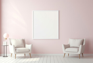Two chairs with an empty canvas picture frame sit in a room, their minimalist precision, subtle lighting, and subtle playfulness apparent in light pink and light beige.