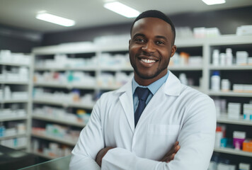 Fototapeta premium A smiling pharmacist stands in a pharmacy, his pop colorism, y2k aesthetic, glorious nature, and ocean academia apparent in light gray and dark brown.