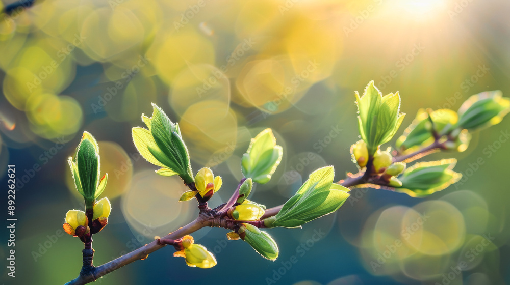 Aufkleber close-up of fresh green leaves and buds on a branch with sunlight and bokeh background in spring
