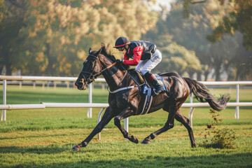 Male jockey riding a horse on a racecourse. Concept of horse racing, equestrian sport, competition, athletic performance