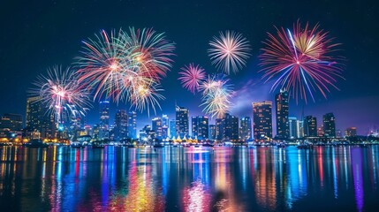 Fototapeta premium Colorful fireworks display over a city skyline at night reflecting on water. Concept of celebration, festival, nightscape, pyrotechnics