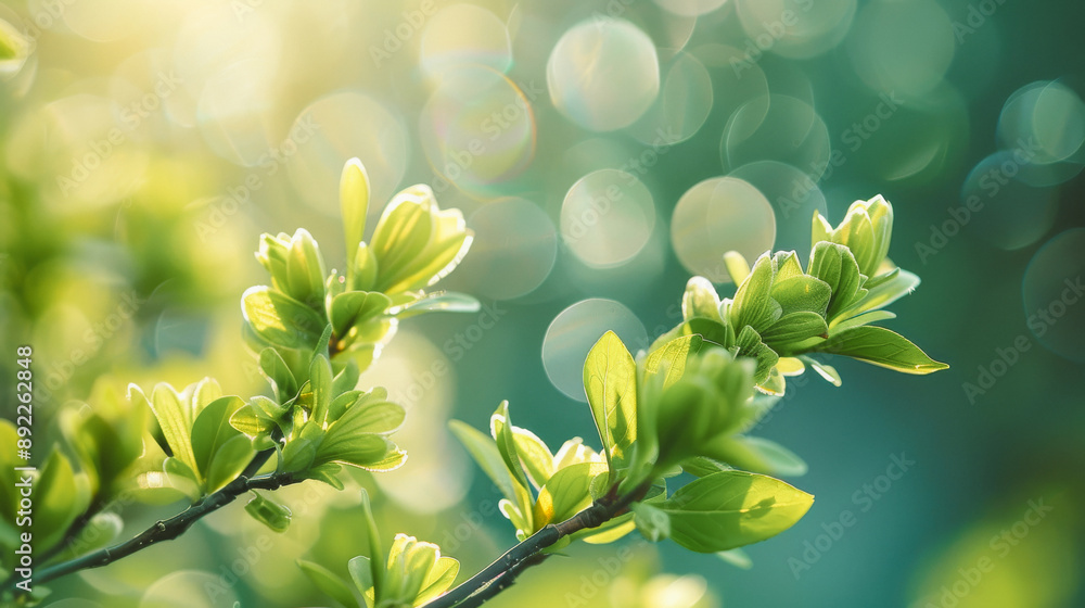 Aufkleber close-up of fresh green leaves on a branch with sunlight and bokeh background in spring