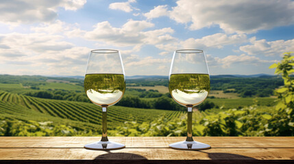 Two wine glasses sit on a wooden table with a vineyard and countryside behind, their physically based rendering, vibrant stage backdrops, and y2k aesthetic apparent in white and green.