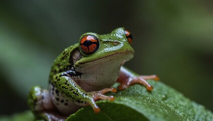 Naklejka premium photo of green frog with brown eyes on a leaf made by AI generative