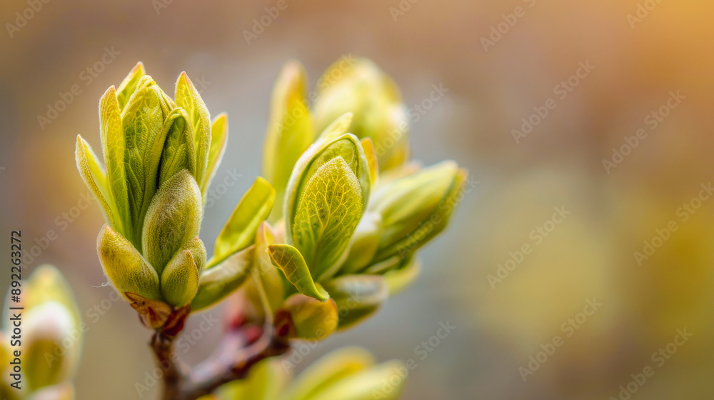 Aufkleber close-up of fresh green buds on a tree branch in springtime with soft focus background