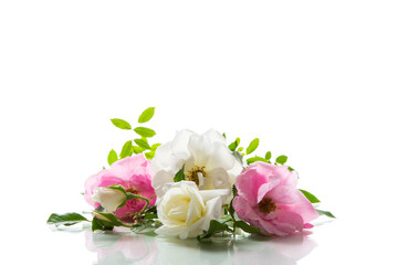 wooden light background with white and pink roses