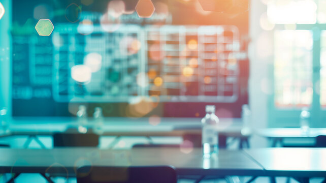 science classroom with a blurred out periodic table of chemical elements