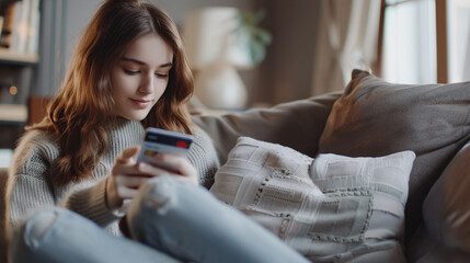 Obraz premium A woman sits on a sofa with her credit card and phone, checking cybersecurity, fintech, and banking information at home. Nearby, a girl manages smartphone payments and online shopping.