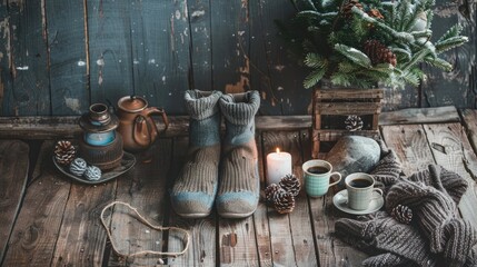 Country cabin winter weekend with rustic vibes and cozy essentials Vintage wooden backdrop with room for text