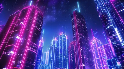 Fototapeta premium Glowing cyberpunk cityscape with neon lights and buildings in the background