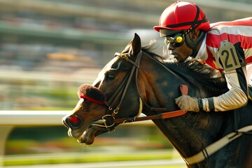 African American male jockey riding a racehorse in competition. Concept of horse racing, equestrian sport, athleticism, competitive racing