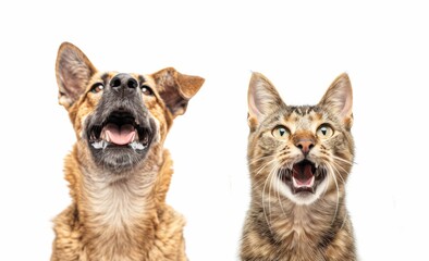 A cat and a dog looked upwards with surprised expressions.