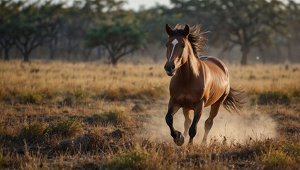 Obraz premium photo of a brown horse with a savanna background made by AI generative