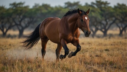 Fototapeta premium photo of a brown horse with a savanna background made by AI generative