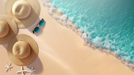 Sandy beach with hats and sunglasses empty ad or packaging design