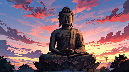 Buddha statue at sunset with colorful sky background, Thailand.