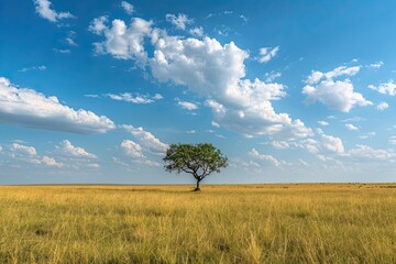 Fototapeta premium A solitary tree stands tall in a vast golden field under a bright blue sky adorned with fluffy white clouds
