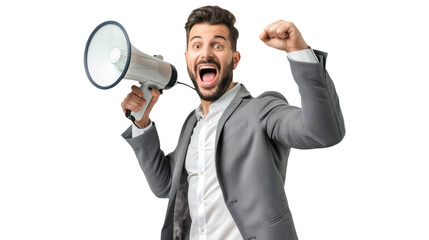 An excited business man holding megaphone isolated on transparent background