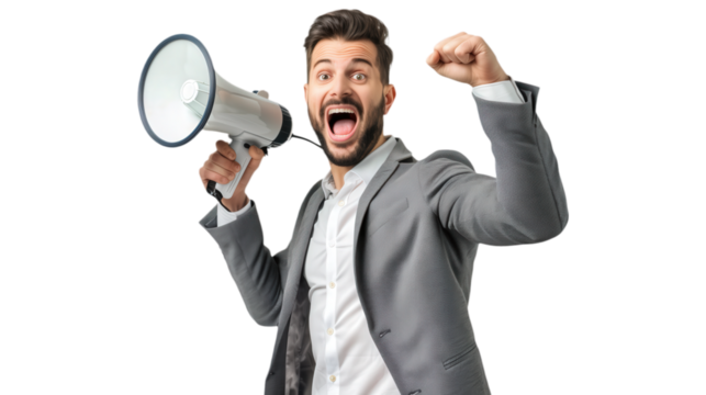 An excited business man holding megaphone isolated on transparent background