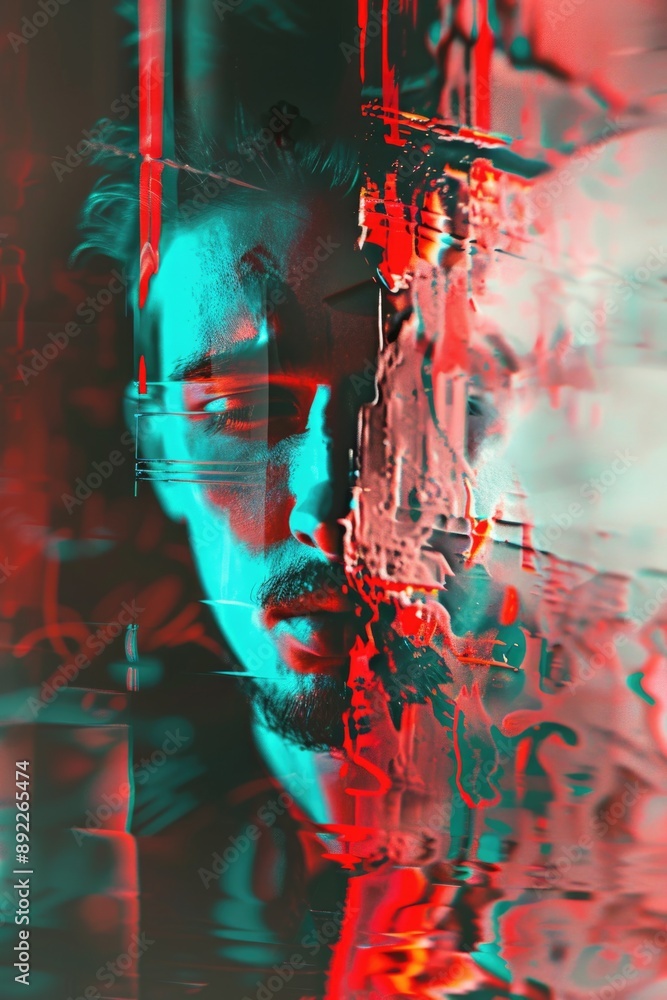 Poster a person with a beard posing against a bright red and blue background