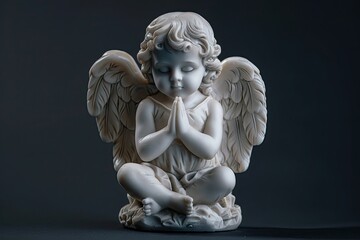A White Cherubic Angel With Wings Folded Praying With Closed Eyes Against a Dark Background