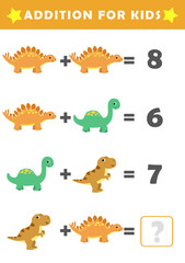Fun Math Logic Puzzles for Kids. Math Game with Cute Dino Pictures. Math Activities for Children. Addition for Kids. © G.rena
