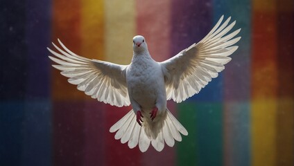Fototapeta premium photo of white dove flying with colorful background made by AI generative