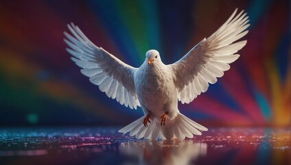 photo of white dove flying with colorful background made by AI generative