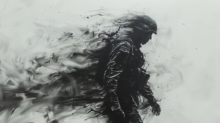 Abstract ink illustration of a soldier black and white background
