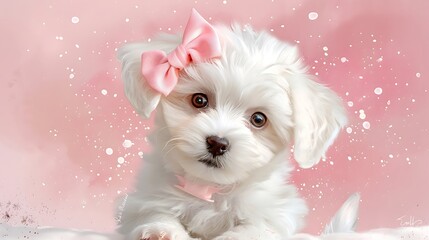 Adorable Maltese Puppy with Pink Bow in Watercolor Style