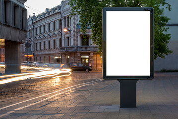 Advertising Poster Billboard Mockup With Copy Space At Night. Blank Outdoor Ad Display For Branding...