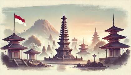 Watercolor illustration of Indonesia landmark.